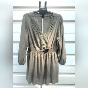 Bloomchic Lace-Trimmed Dress Short Army Green Wrap neck